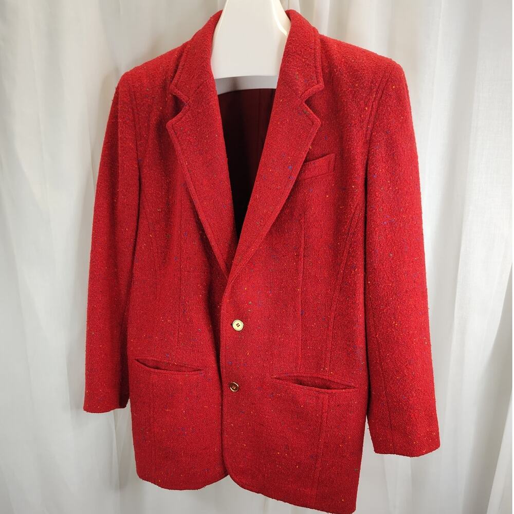 Liz Wear Vintage Red Wool Blend Confetti Blazer, 14